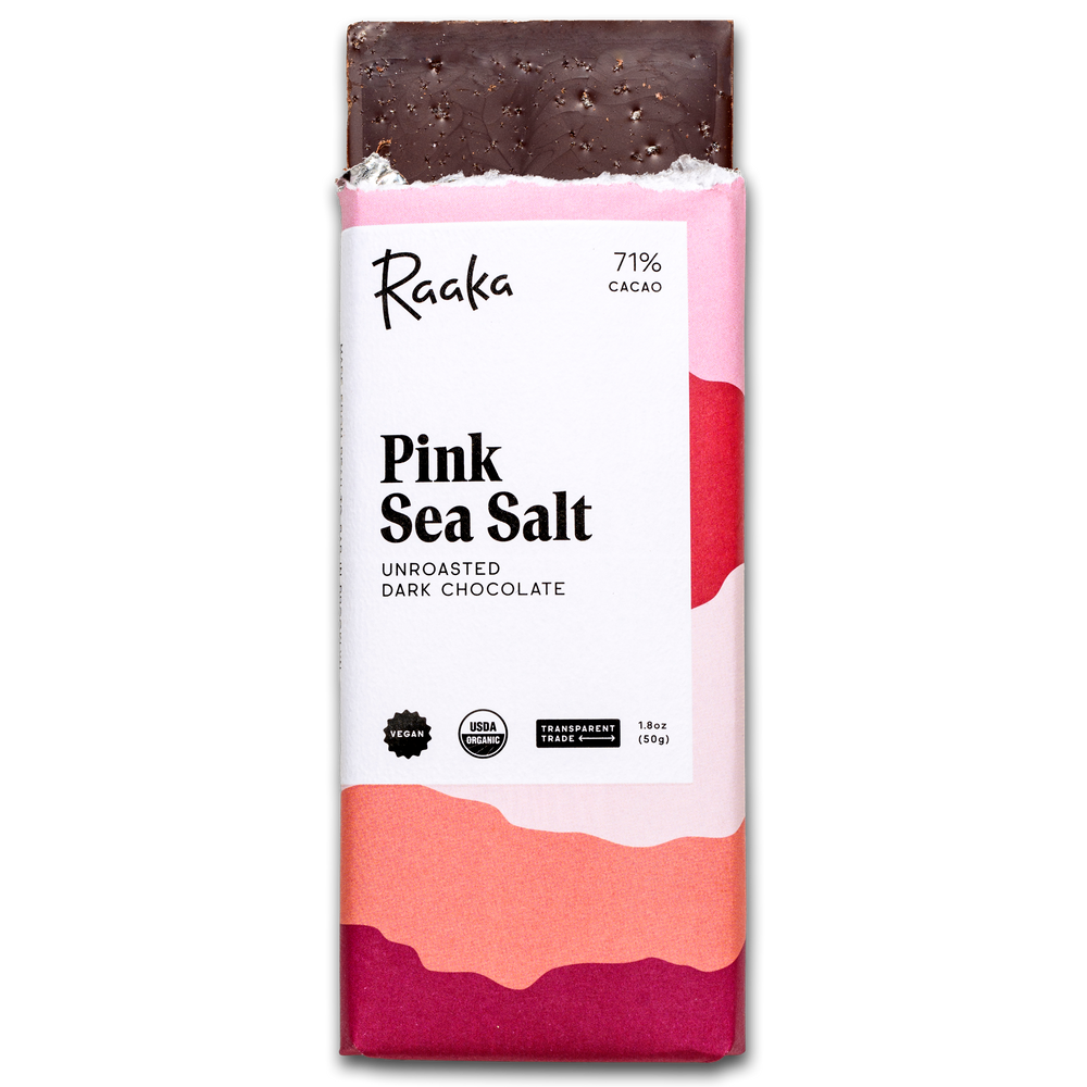 pink sea salt dark chocolate bar - Raaka