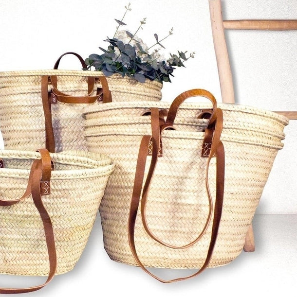 Market Basket Straw Bag Handmade with Leather, French Market
