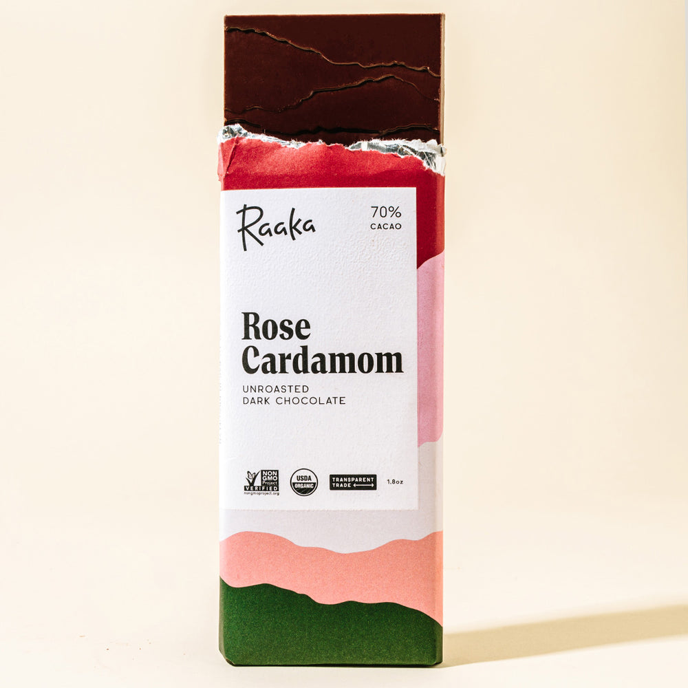 rose cardamom dark chocolate bar - Raaka