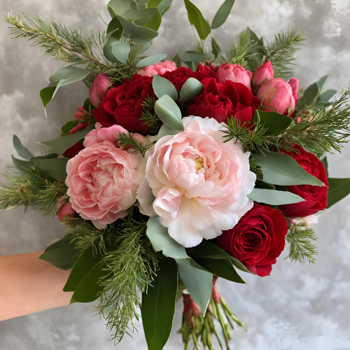 jingle all the way floral bouquet with peonies and roses